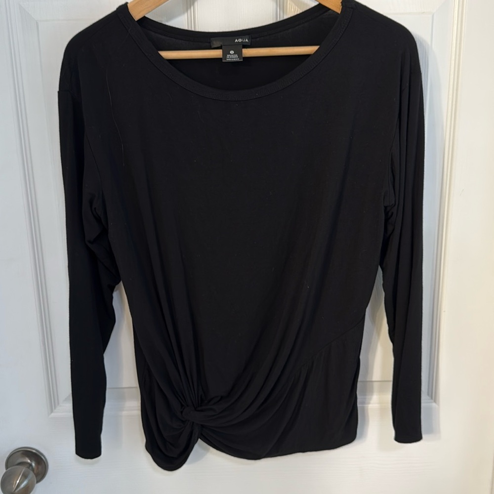 Aqua long sleeve twist knot front black Heather knit tee women size small